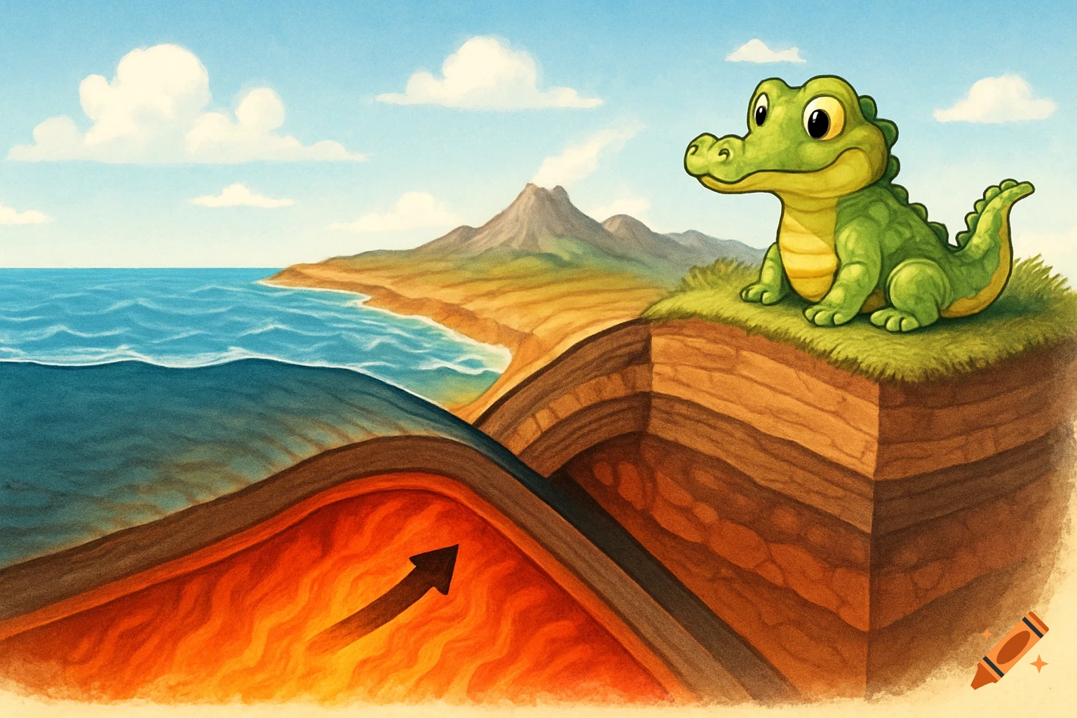 A cute cartoon alligator sits on a grassy cliff, observing an illustration of a subduction zone with magma, ocean, and mountains.