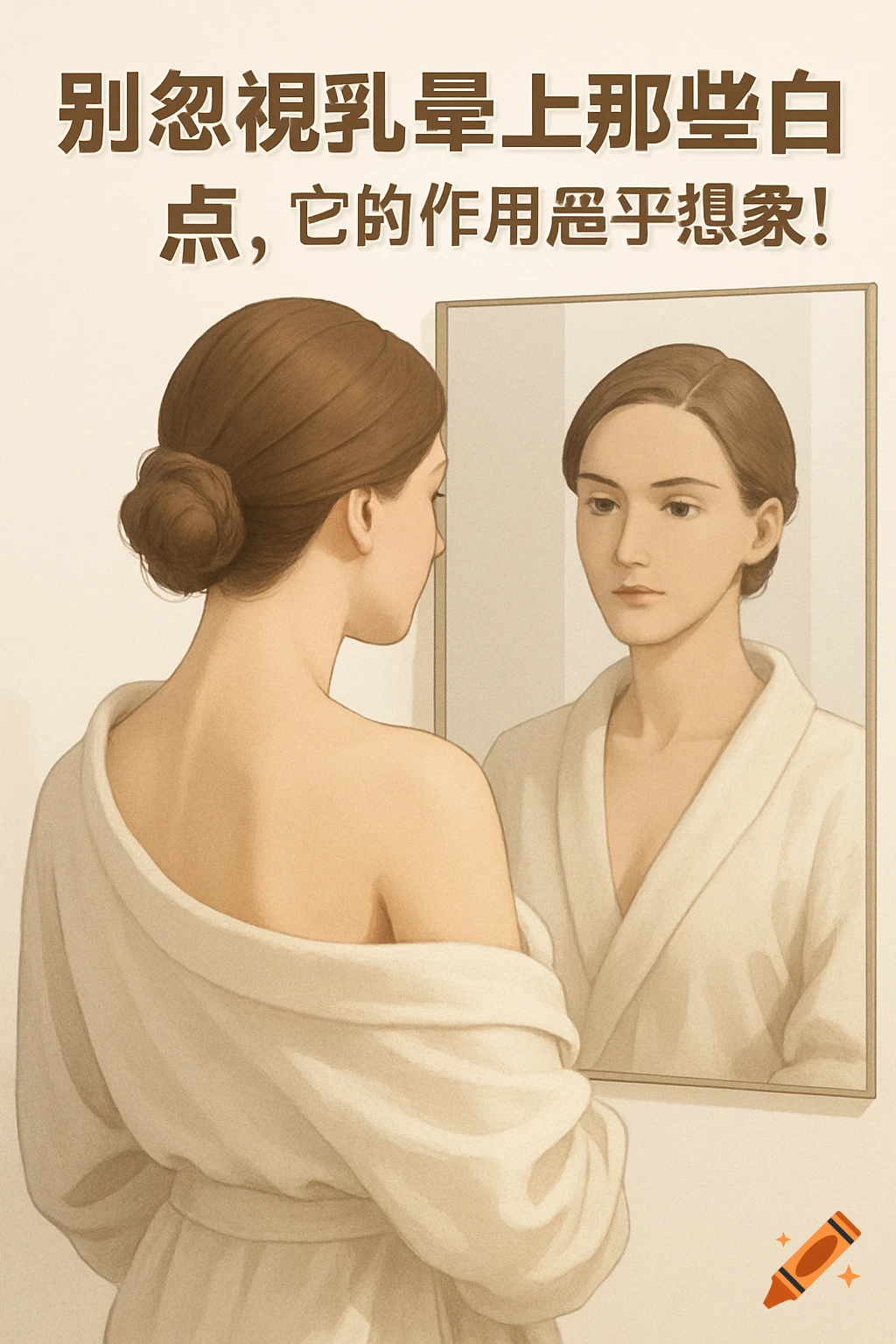 An illustration of a woman in a bathrobe looking at her reflection in a mirror, with Chinese text above her head.