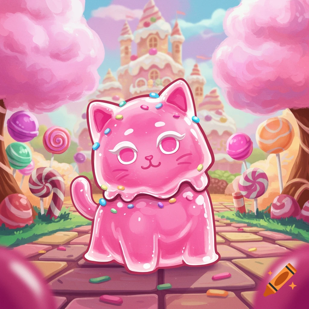 A pink, jelly-like cat with sprinkles stands on a path in a colorful candy land with a sweet castle and lollipops.