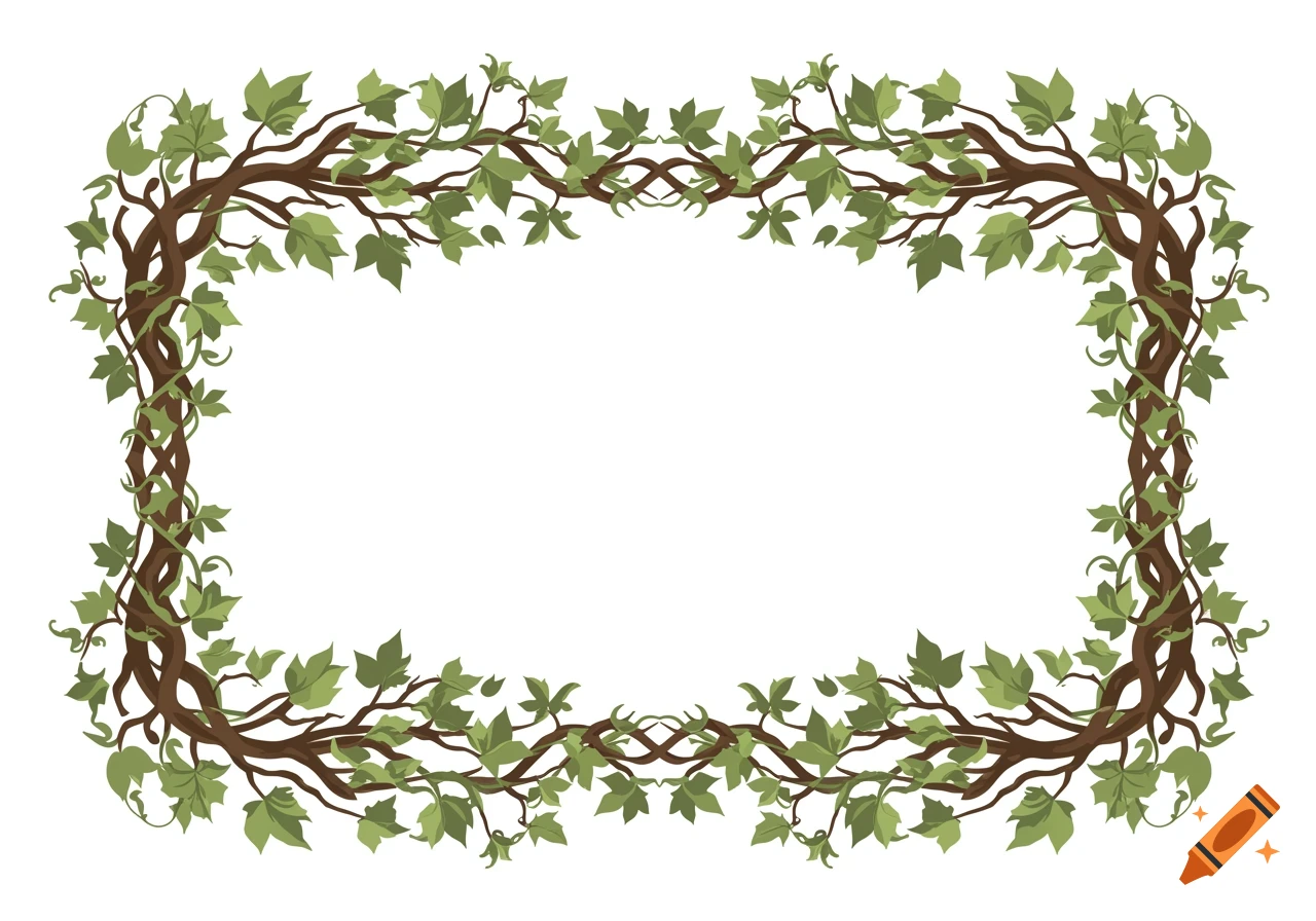 A decorative border made of brown tree branches and green leaves against a white background.