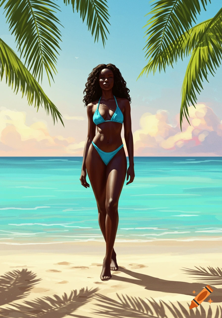 A dark-skinned woman in a light blue bikini walks on a sunny sandy beach with palm fronds overhead and turquoise ocean behind her.
