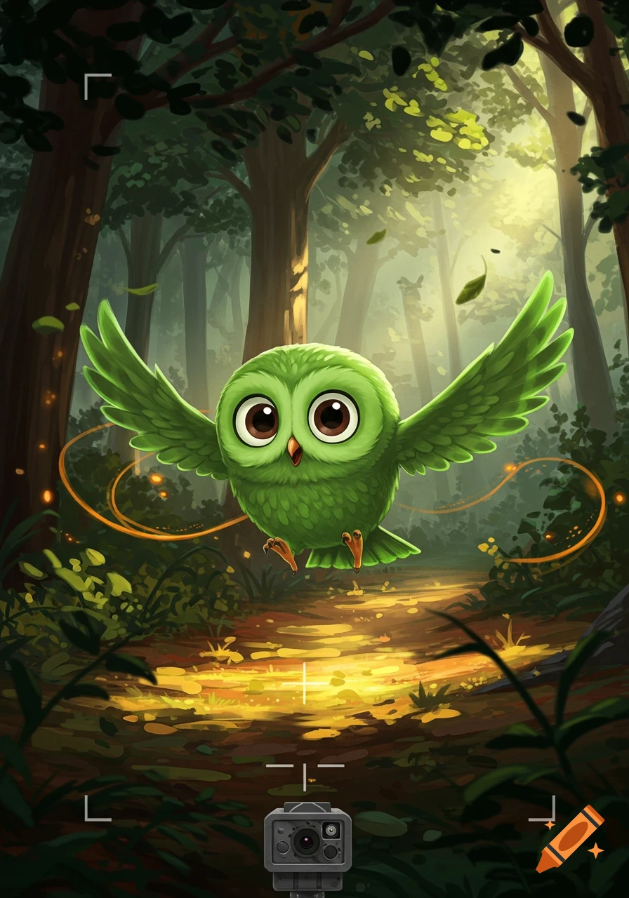A cute green Duolingo owl with large eyes flies down a sunny forest path, viewed through a camera lens with a GoPro at the bottom.