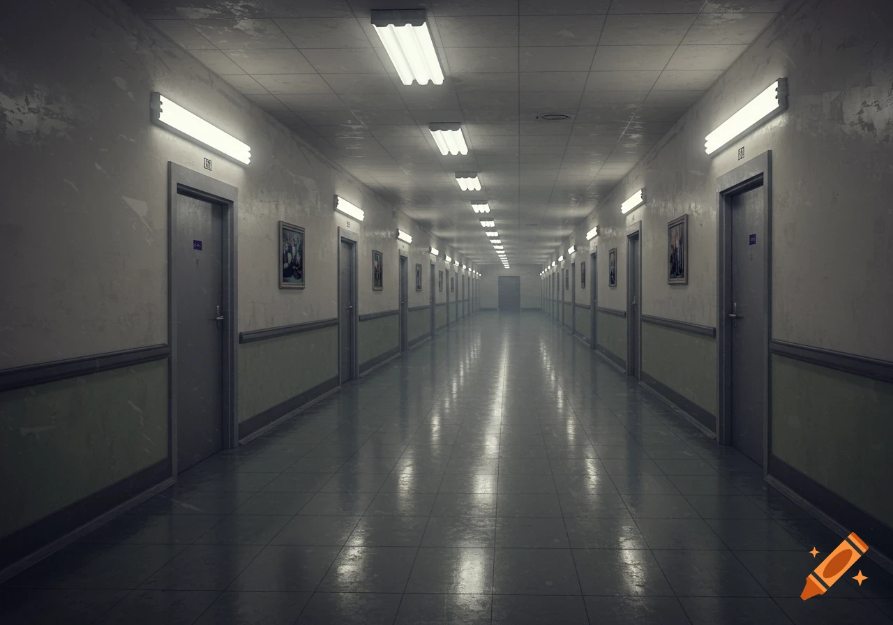 A long, empty, brightly lit hallway with numerous doors on both sides, leading into the distance. The floor is shiny, reflecting the overhead lights.