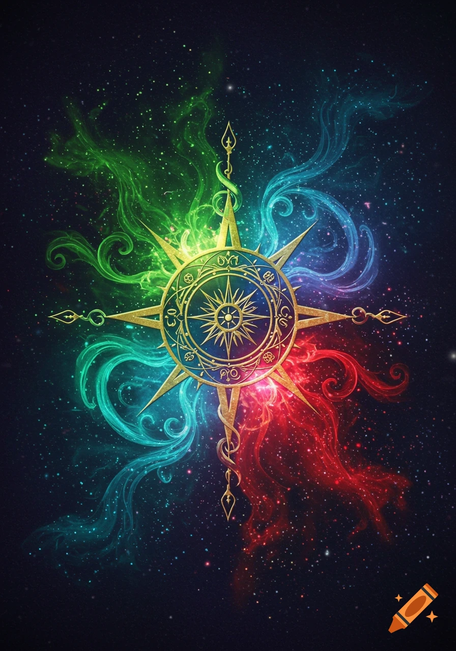 A golden compass star against a dark, starry cosmic background with swirling green, blue, and red nebulae.
