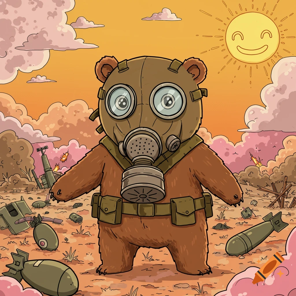 A brown cartoon bear wears a gas mask and military gear in a war-torn landscape with bombs, under an orange sky with a smiling sun.