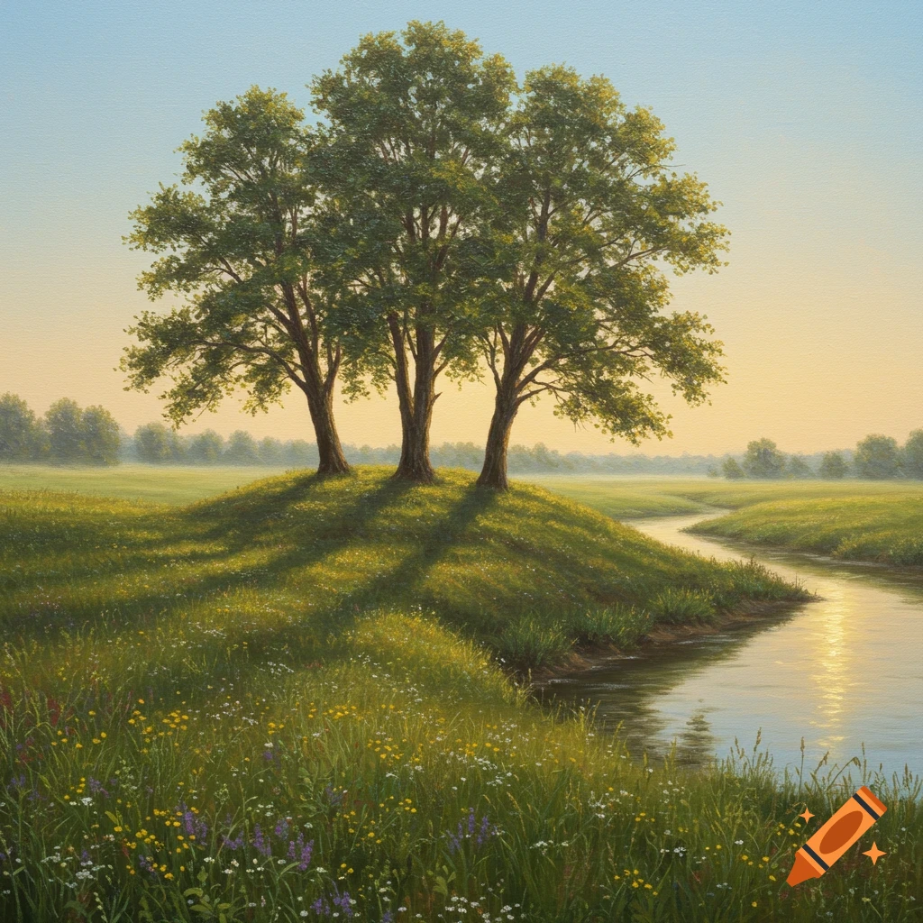 A serene landscape painting with three trees on a grassy hill overlooking a winding river at sunset.