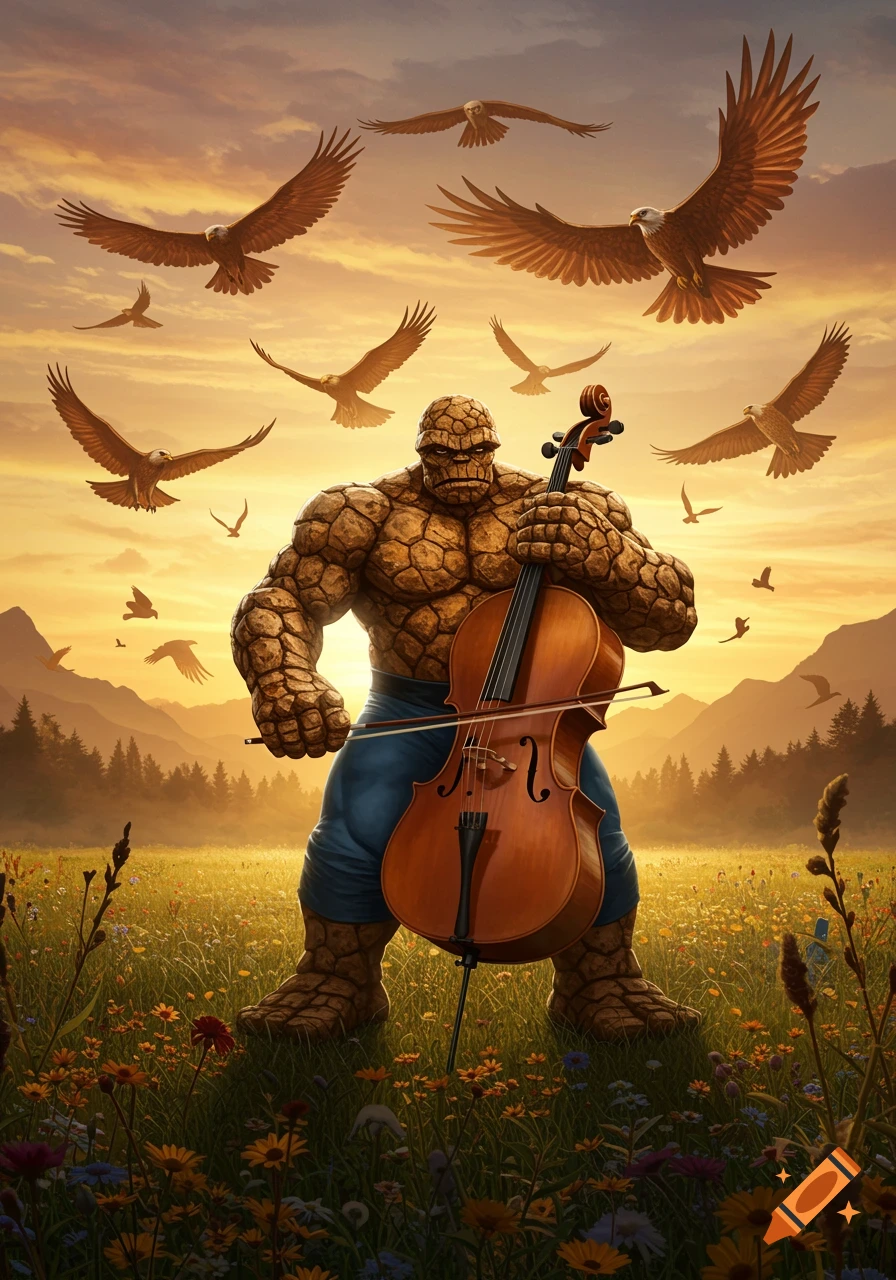 The Thing playing a cello in a sunlit field with many eagles flying overhead.