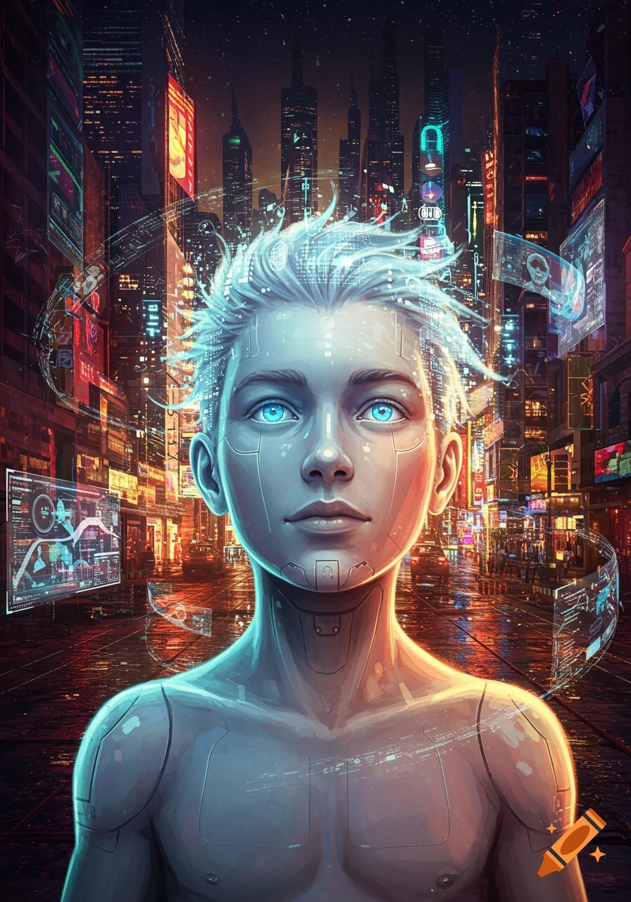 Close-up of a young male cyborg with glowing blue eyes and mechanical lines on his face, against a backdrop of a neon-lit futuristic city.