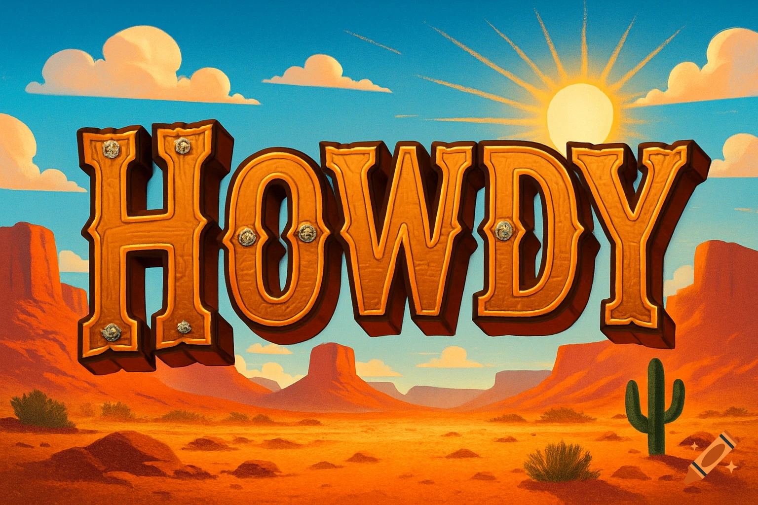 Large 3D Western-style letters spelling 'HOWDY' float above a sunny desert landscape with mesas and a cactus.