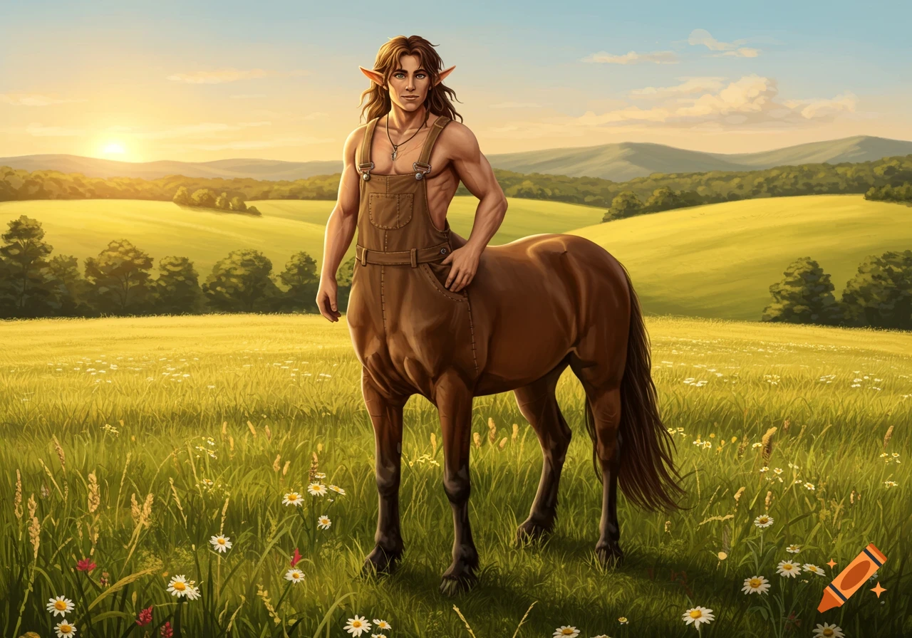 A male centaur wearing overalls stands in a sunlit grassy field with wildflowers and hills in the distance.