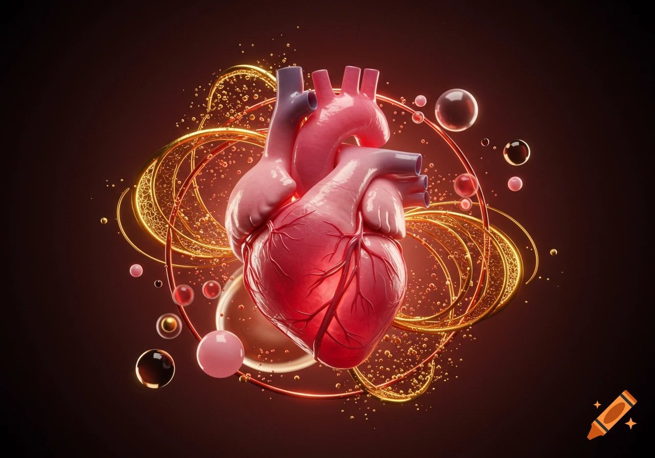A stylized human heart, glowing pink and red, surrounded by intricate golden swirling lines and bubbles on a dark background.
