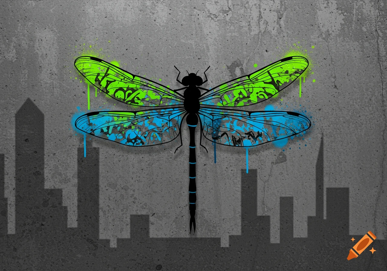 A stylized graffiti dragonfly with bright green and blue wings on a concrete wall, above a dark city skyline silhouette.