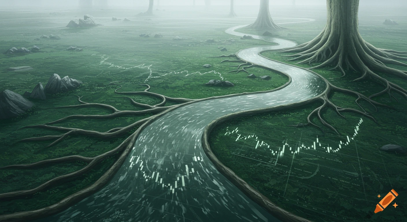 An ethereal emerald-green river flowing through a misty landscape with branching tree roots, blending into abstract financial graphs.