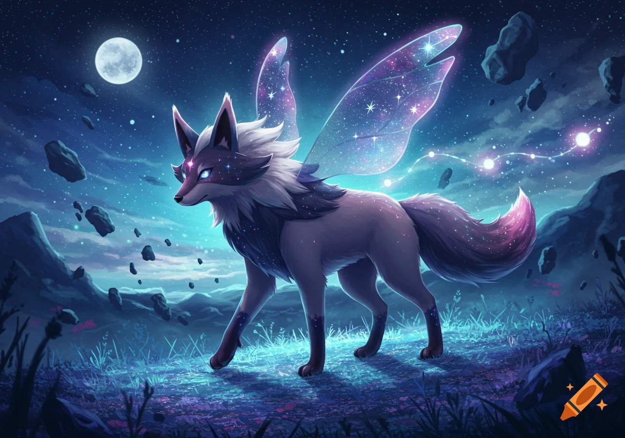 A stylized, cosmic fox-like creature with glowing starry wings stands under a full moon in a night sky with floating asteroids.