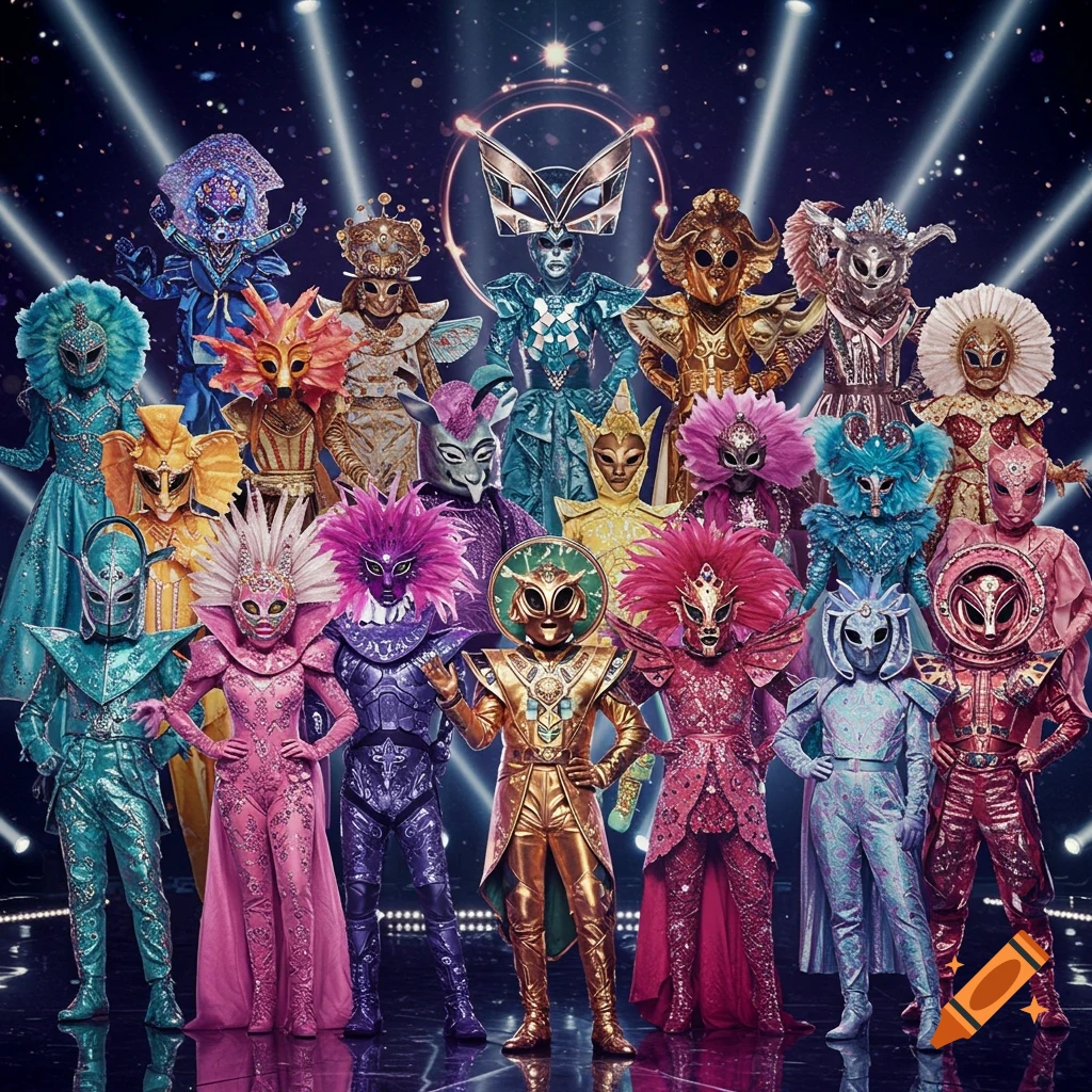 A large group of people in elaborate, colorful, full-body costumes with masks, standing on a stage with spotlights.