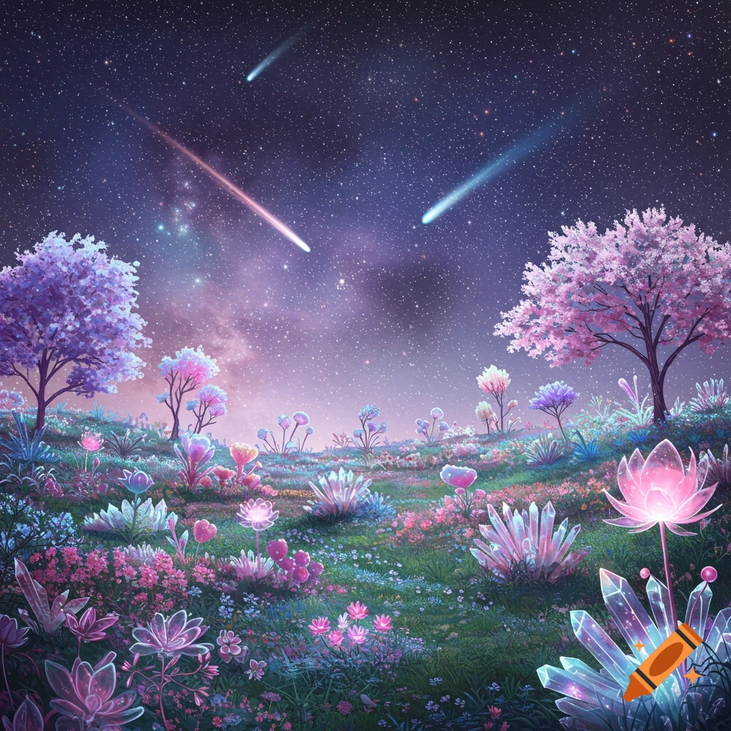 A vibrant, fantastical garden scene at night with pastel-colored trees, glowing flowers and crystals, and shooting stars in a starry galaxy sky.