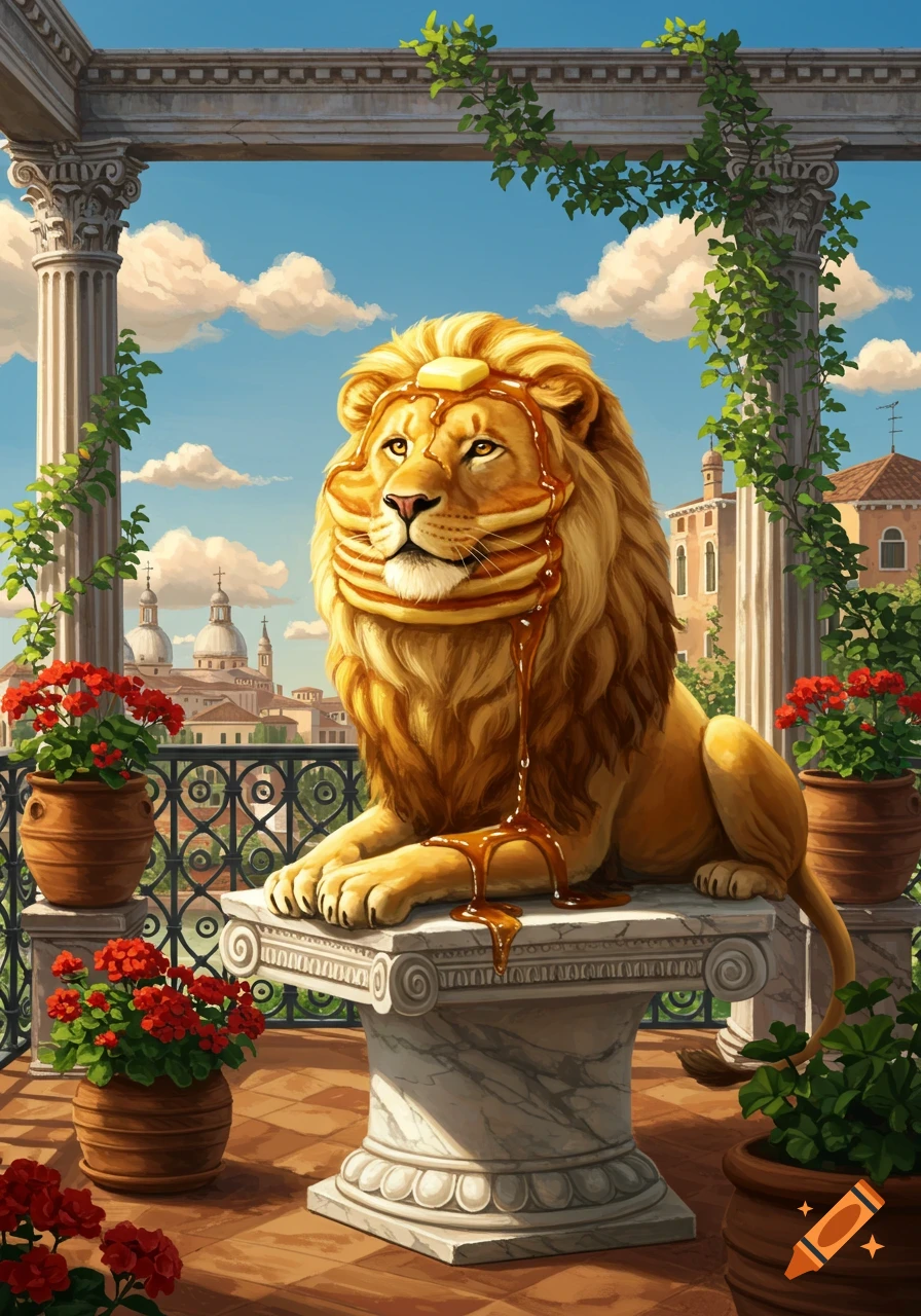 A golden lion with pancakes around its neck and butter on its head sits on a marble pedestal on a balcony overlooking a scenic Italian city.