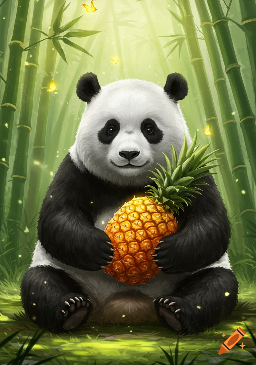 A cute panda sitting in a bamboo forest, holding a pineapple. The illustration features glowing butterflies.