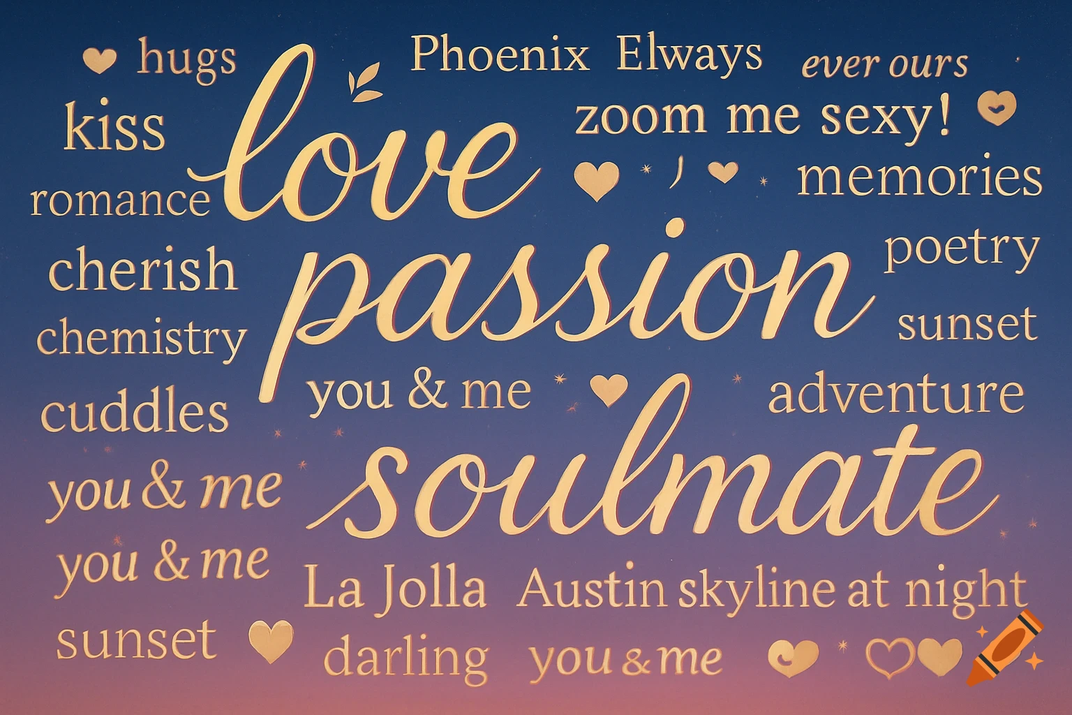 A romantic word cloud with words like 'love', 'passion', 'soulmate', 'hugs', and 'kiss' in gold letters on a gradient blue and purple background.