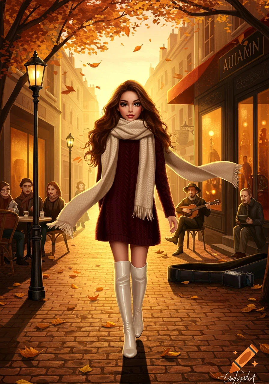 A woman with long brown hair wearing a red dress, white scarf, and white boots walks on a sunlit autumn street lined with buildings and falling leaves.