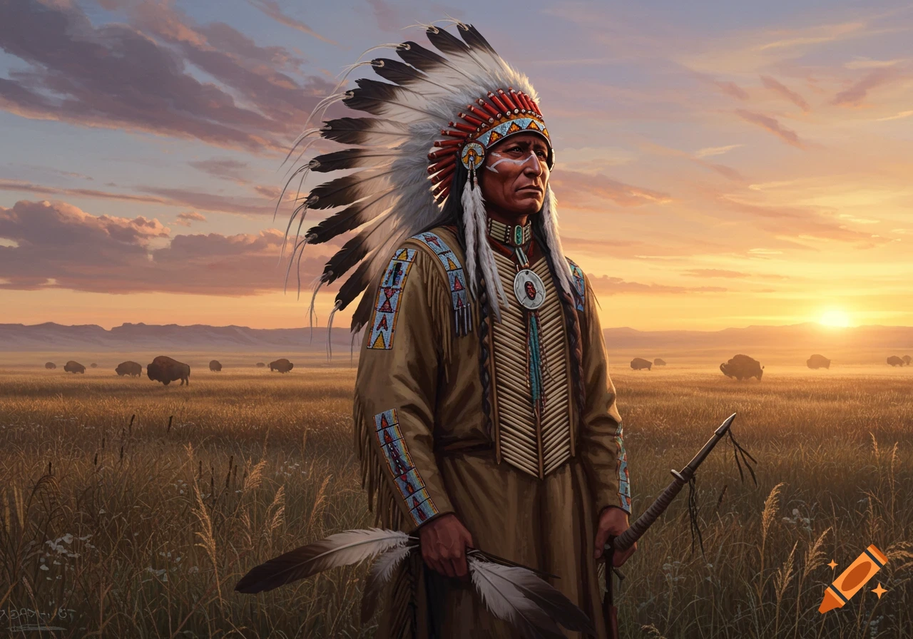 A Native American chief in traditional regalia stands in a vast grassy field with buffalo at sunset.