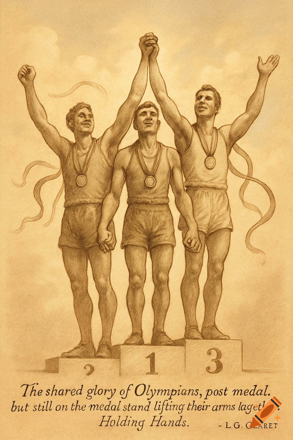 A vintage-style sepia illustration depicts three male Olympians on a medal stand, holding hands and raising their arms in victory, with a quote at the bottom.