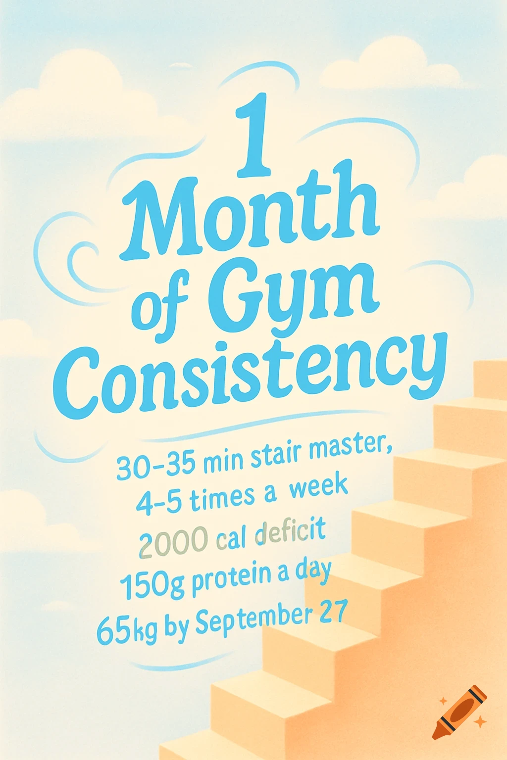 A graphic with the title "1 Month of Gym Consistency" and a list of fitness goals, set against a sky with clouds and a path of stairs.