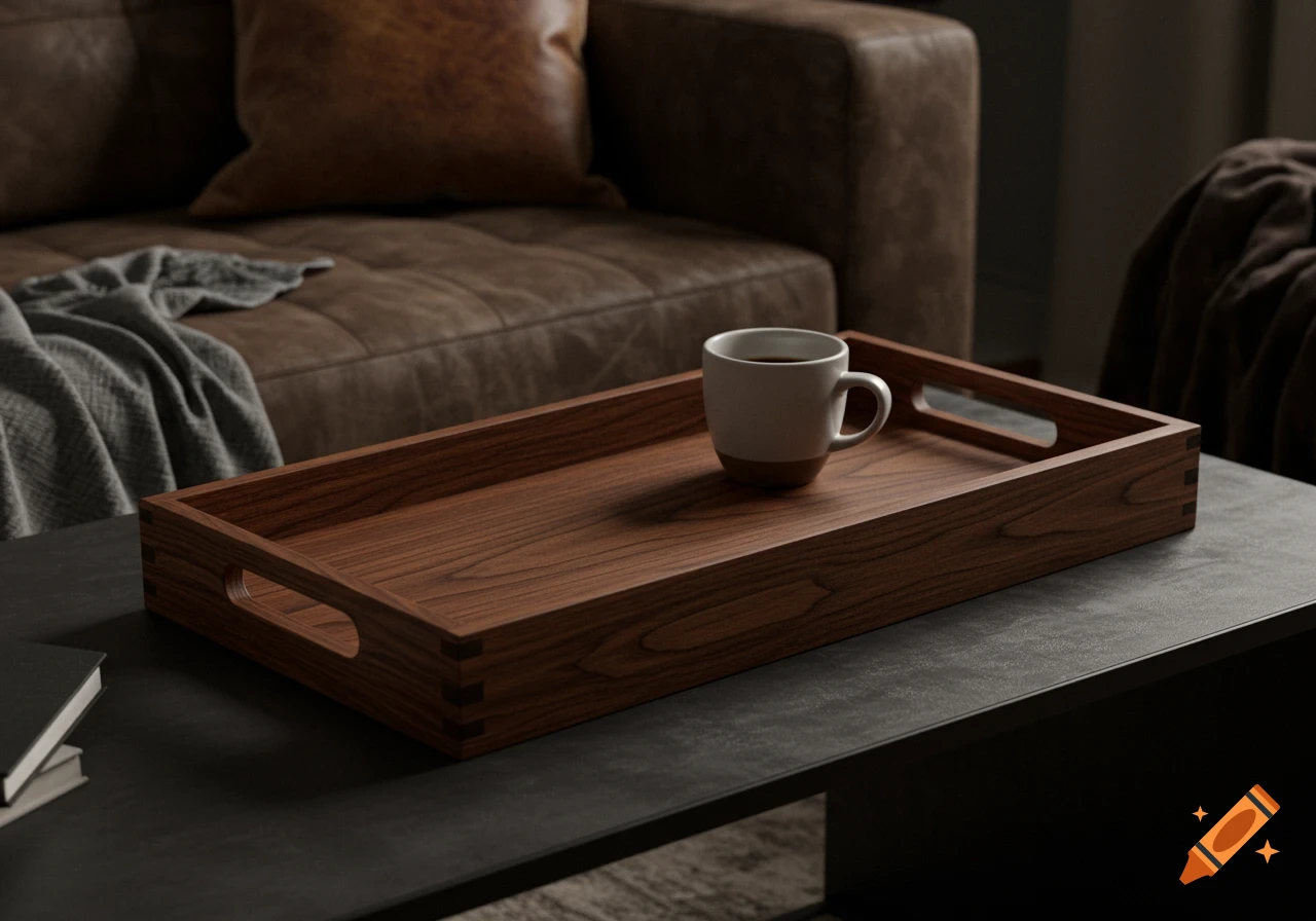 A dark brown wooden tray with a white and brown mug sits on a dark coffee table. A brown leather sofa and gray blanket are in the background.