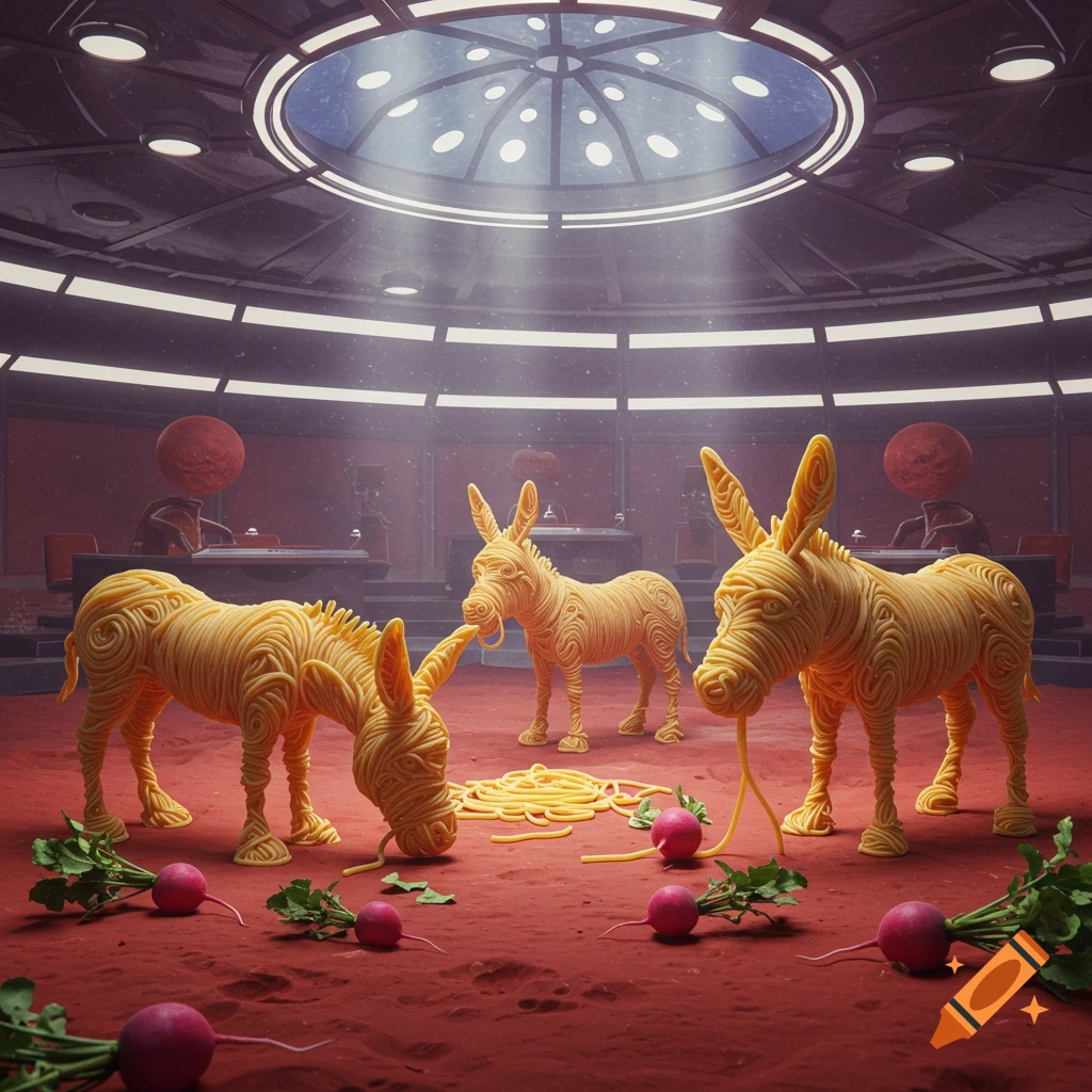 Three donkeys made of spaghetti stand on a red, cratered surface, eating radishes in a futuristic parliament chamber on Mars.
