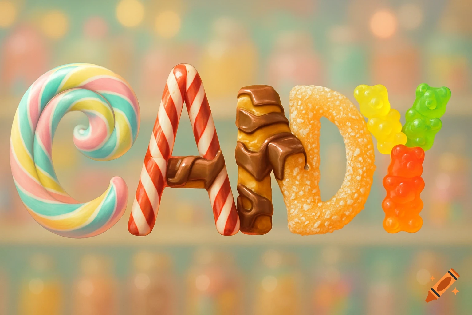 The word CANDY spelled out with each letter made from a different type of candy against a blurry background.