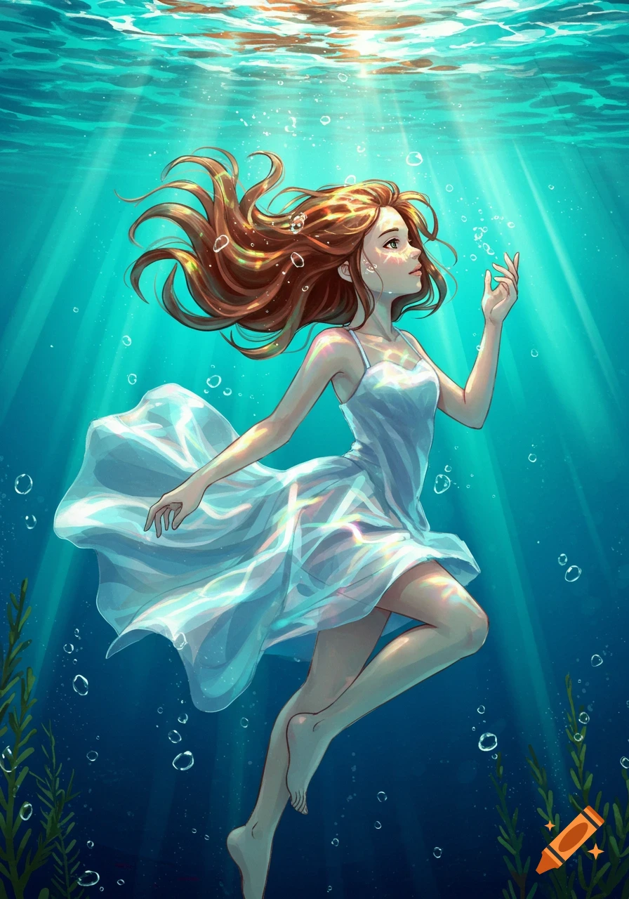 An illustrated young woman with long reddish-brown hair floats gracefully underwater in a white dress, illuminated by sunbeams from the surface.