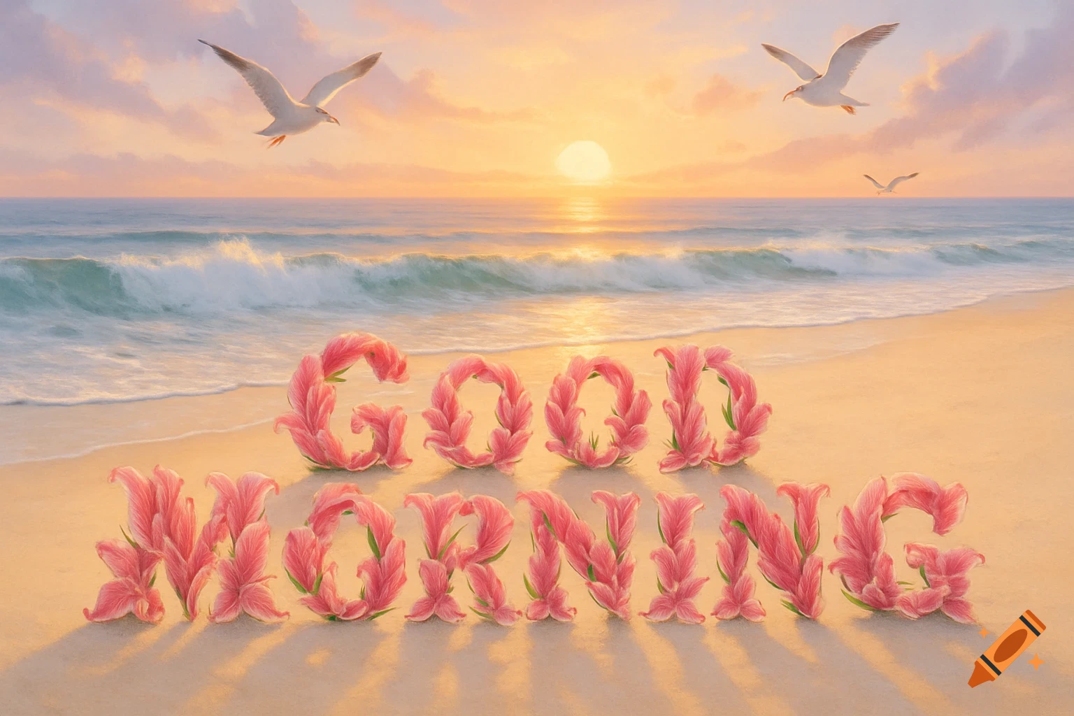 The words 'GOOD MORNING' spelled out with pink lilies on a sandy beach at sunrise, with seagulls flying over ocean waves.