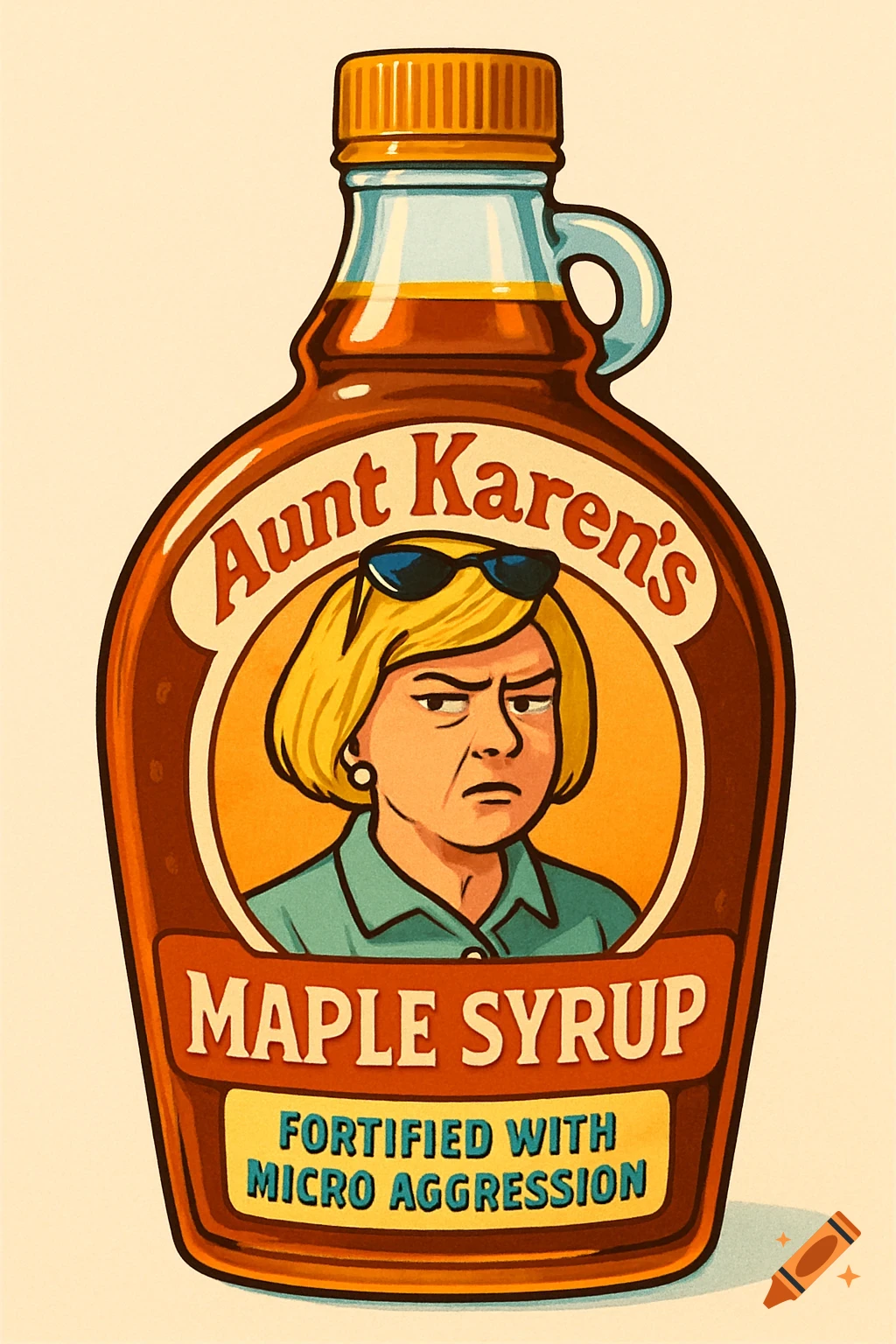 An illustration of a maple syrup bottle labeled 'Aunt Karen's Maple Syrup' with a stern blonde woman and 'Fortified with Micro Aggression'.