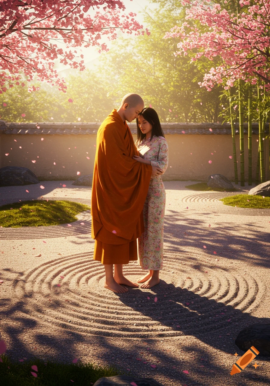 A Buddhist monk and an Asian woman embrace in a serene cherry blossom garden, bathed in sunlight.