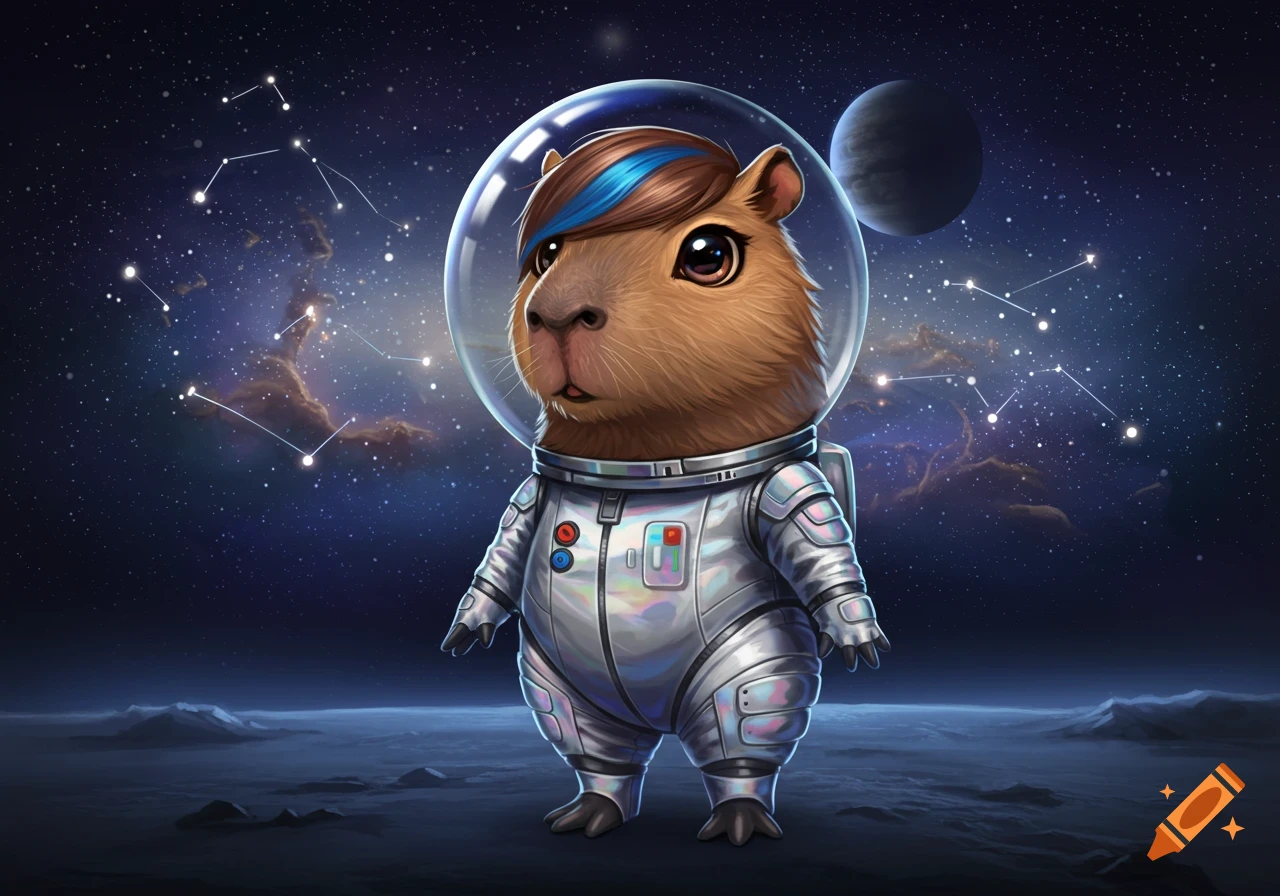 A cute humanoid capybara with a blue streak in its hair wears a silver spacesuit and helmet, standing on a dark planet surface with a starry galaxy background and a distant moon.