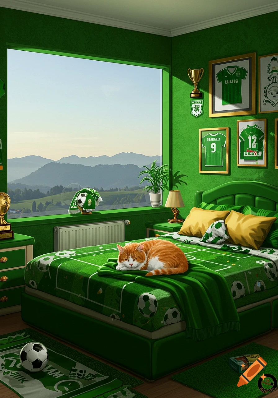 A cozy green soccer-themed bedroom with a ginger cat sleeping on the bed. The room features framed jerseys, a trophy, and a large window overlooking mountains.