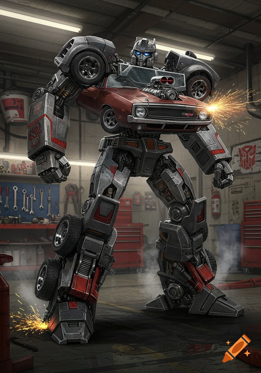 A detailed illustration of a robot transformer made from a red 1970 Dodge Charger, standing in a garage with sparks and smoke.