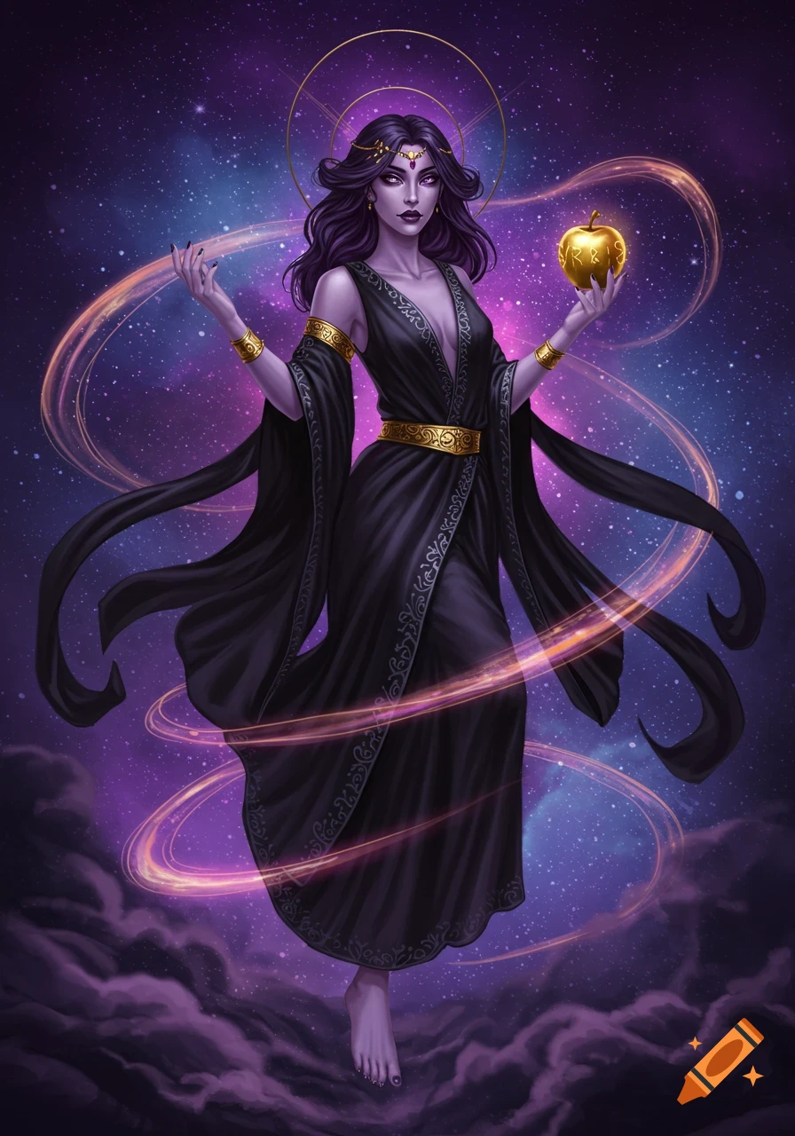 A dark-haired goddess with purple skin and a flowing black gown floats in a starry cosmic background, holding a golden apple.