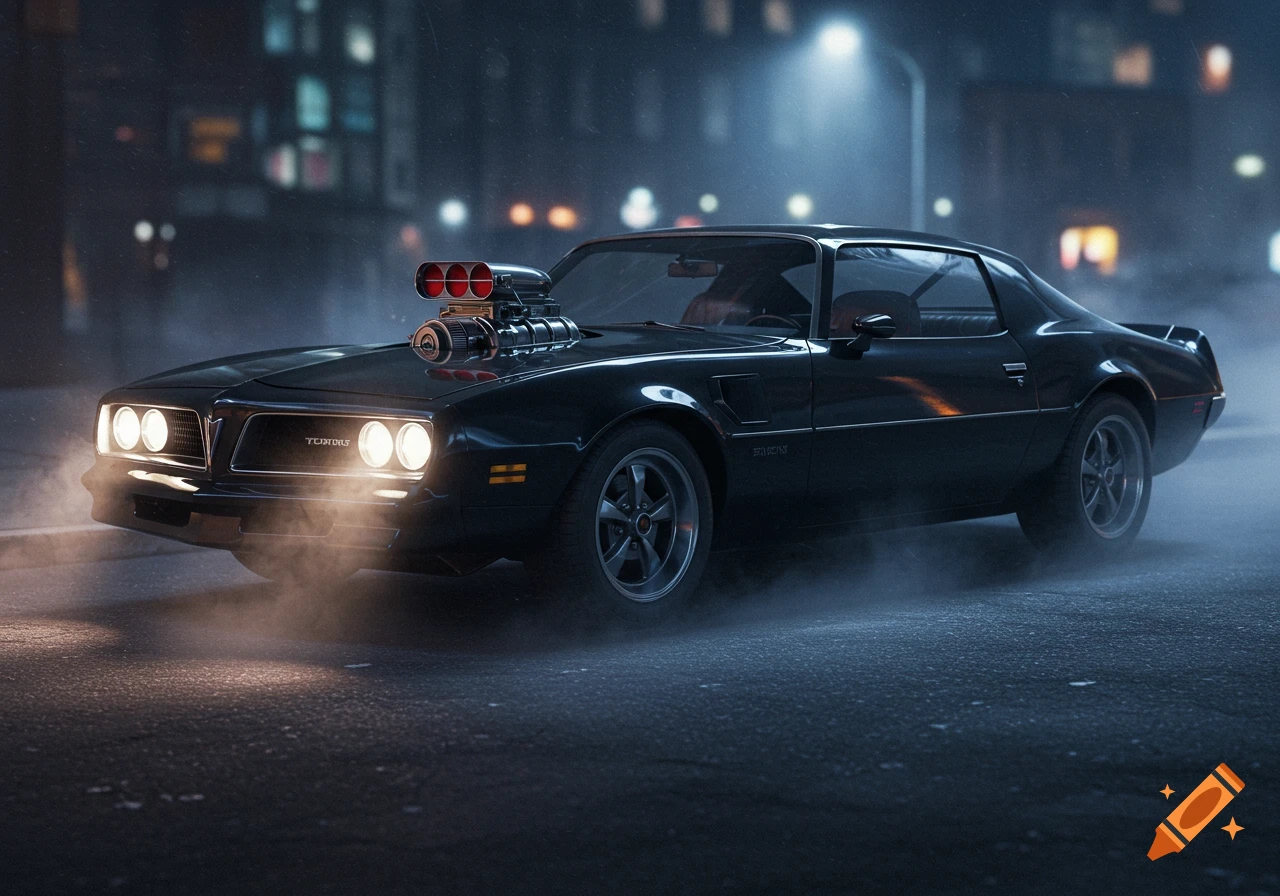 Sleek black 1976 Pontiac Firebird with a supercharger on the hood, illuminated by headlights on a misty city street at night.