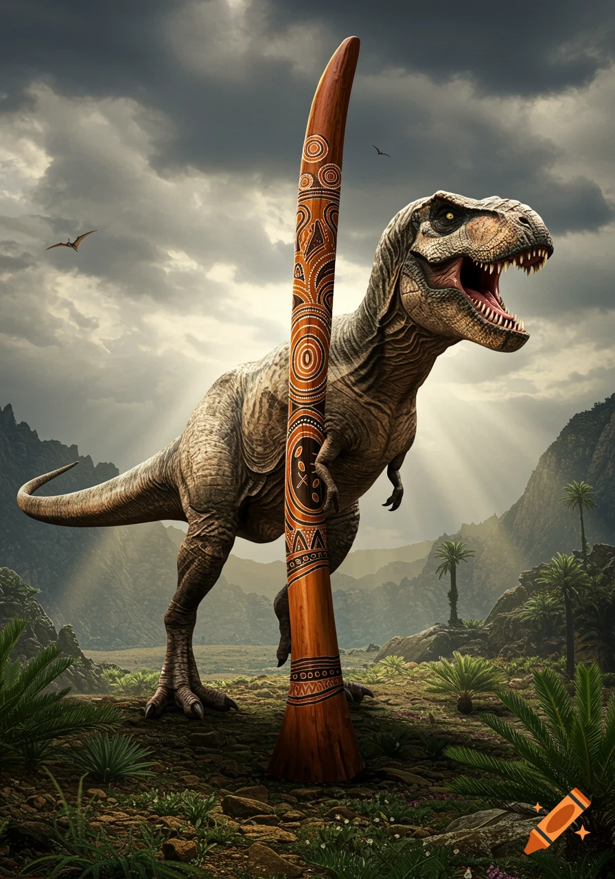 A photorealistic Tyrannosaurus Rex with a didgeridoo as its body in a prehistoric landscape.