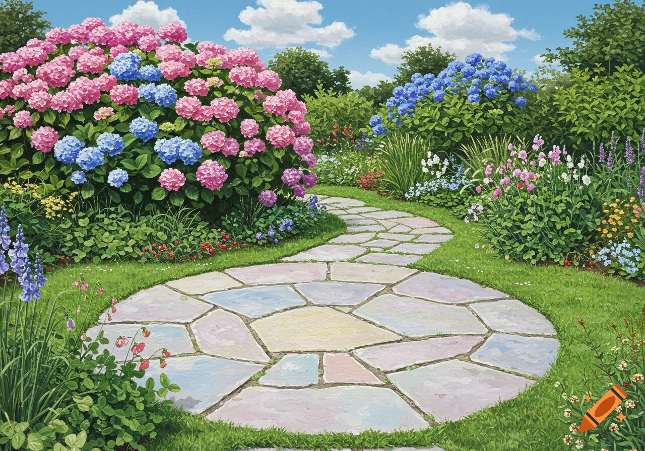A sunny garden path winding through lush pink and blue hydrangea bushes and colorful wildflowers.