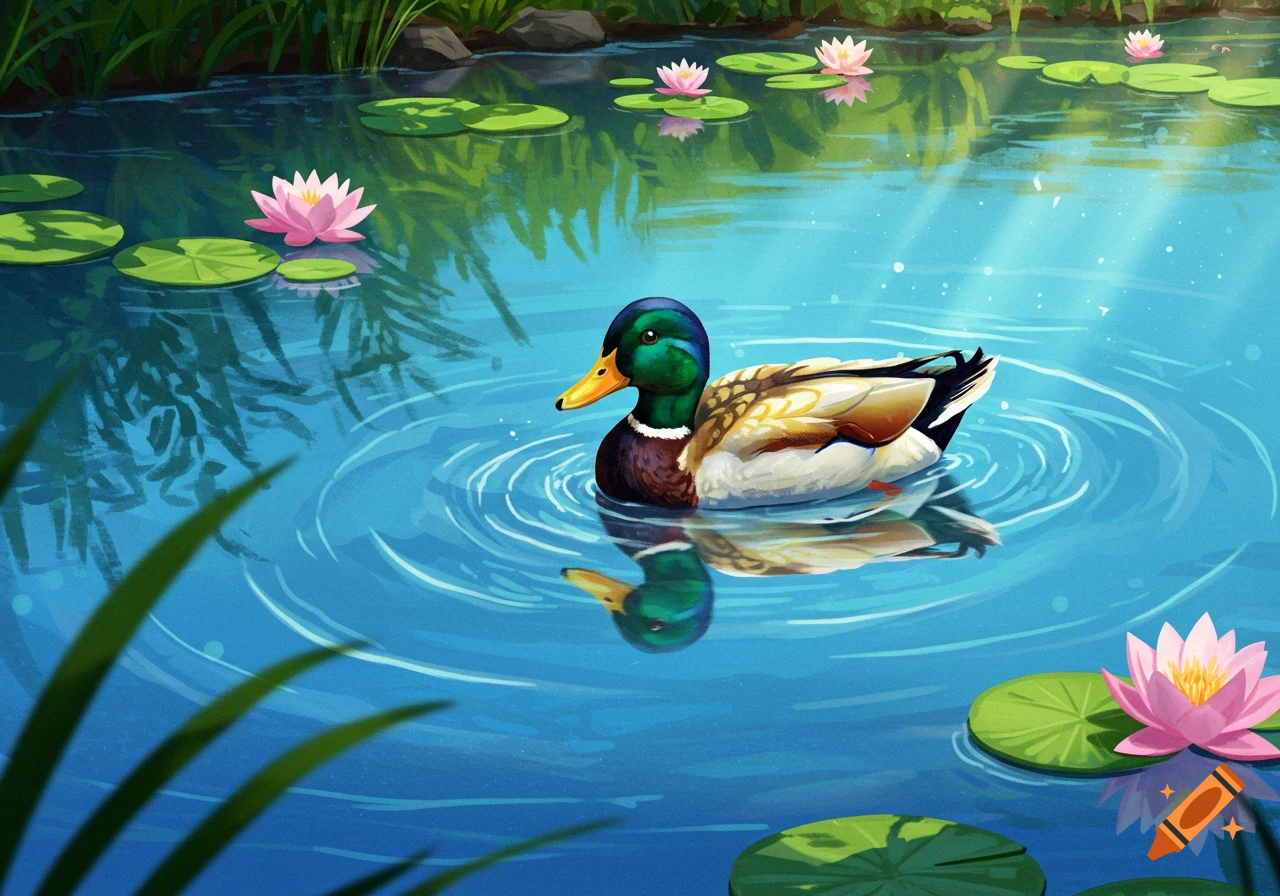 A mallard duck swims in a vibrant blue pond with pink water lilies and green lily pads, in a bright, illustrative style.