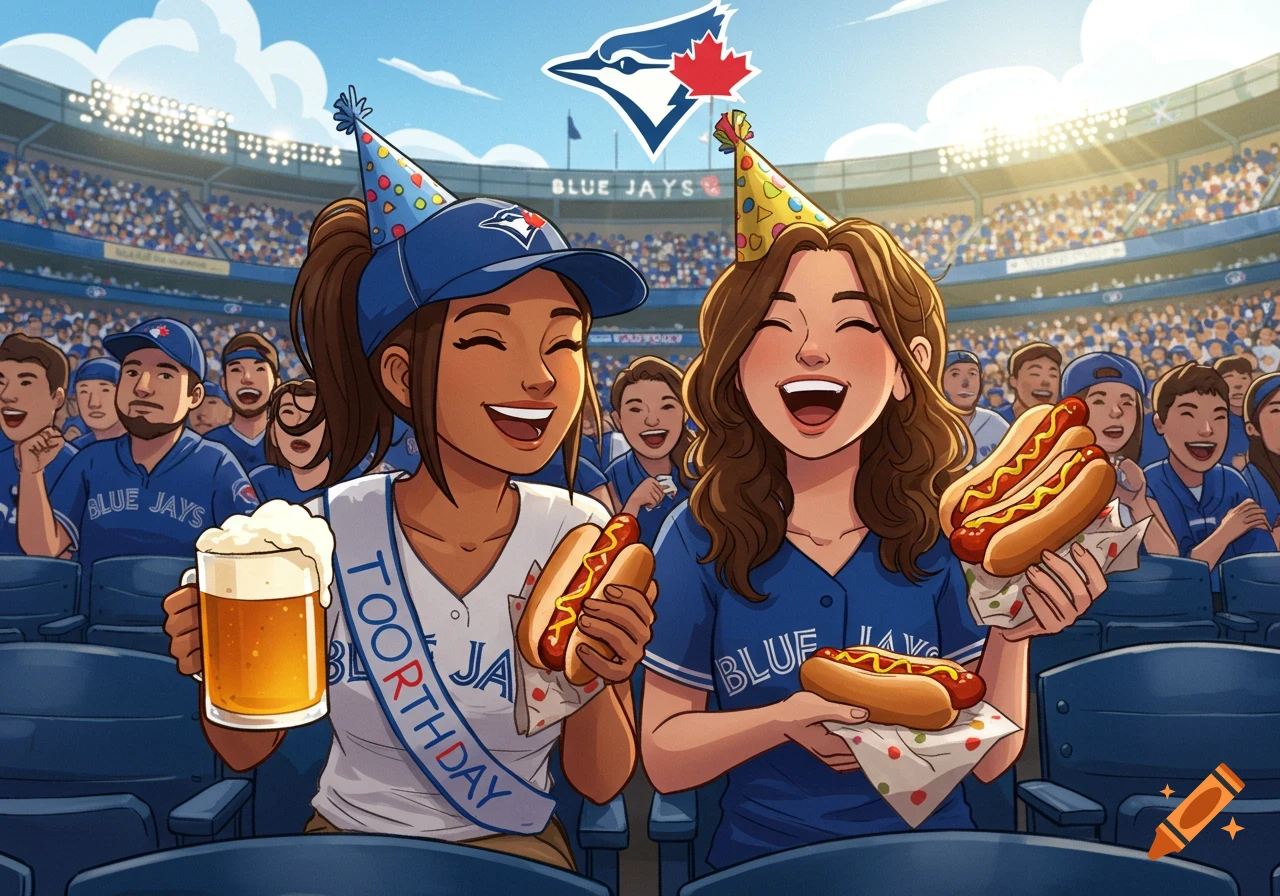 Two smiling cartoon women in Blue Jays caps and jerseys at a baseball game. One wears a birthday sash and holds a beer and hotdog, the other holds two hotdogs. Fans fill the stadium under a sunny sky.