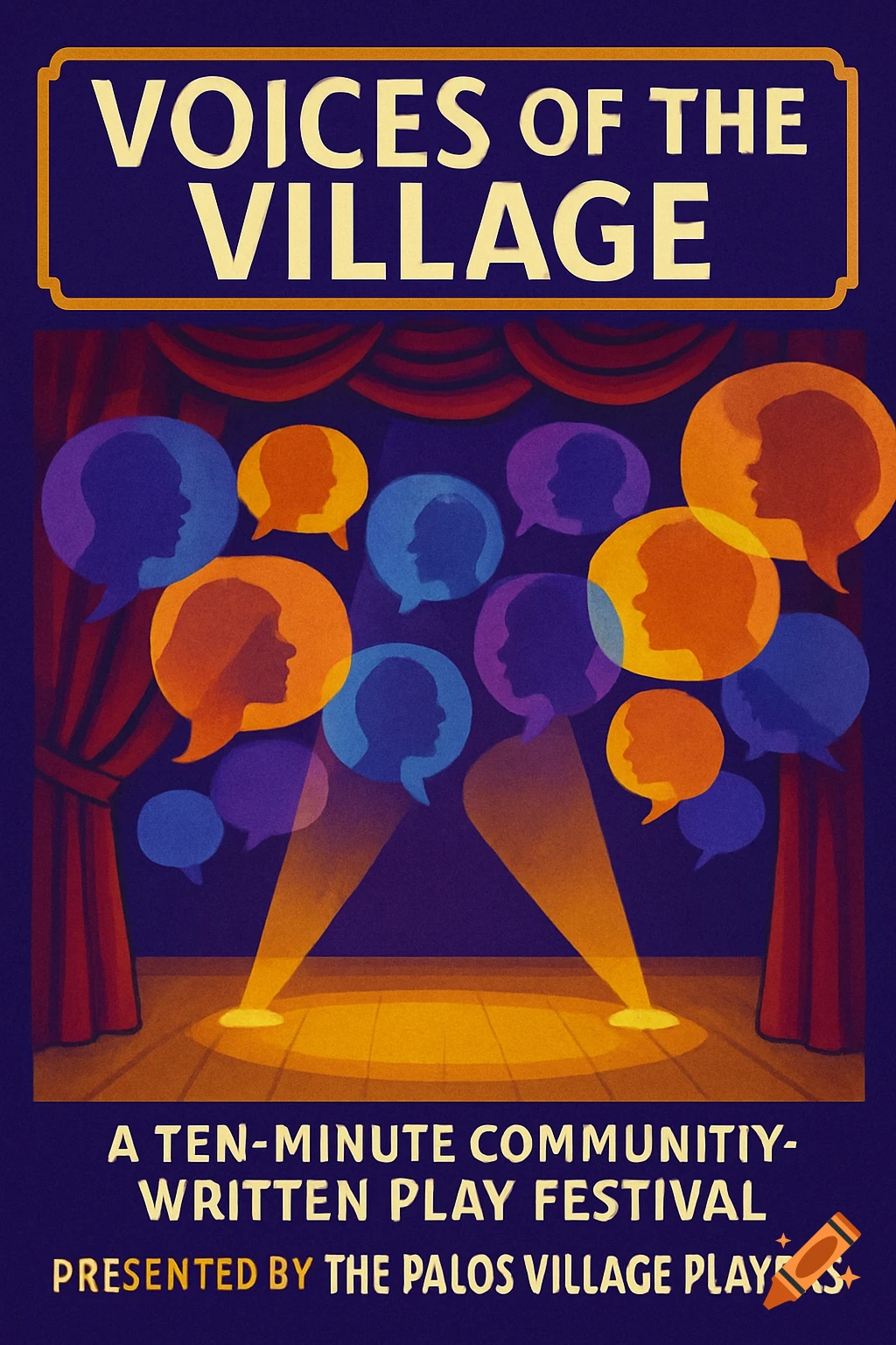 A colorful poster for "Voices of the Village," a play festival, showing a stage with red curtains, spotlights, and many speech bubbles with silhouetted profiles.