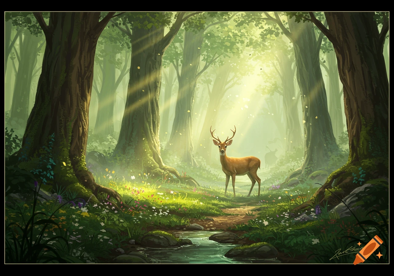 A brown deer stands on a path in a sunlit, enchanted forest with a stream and wildflowers.