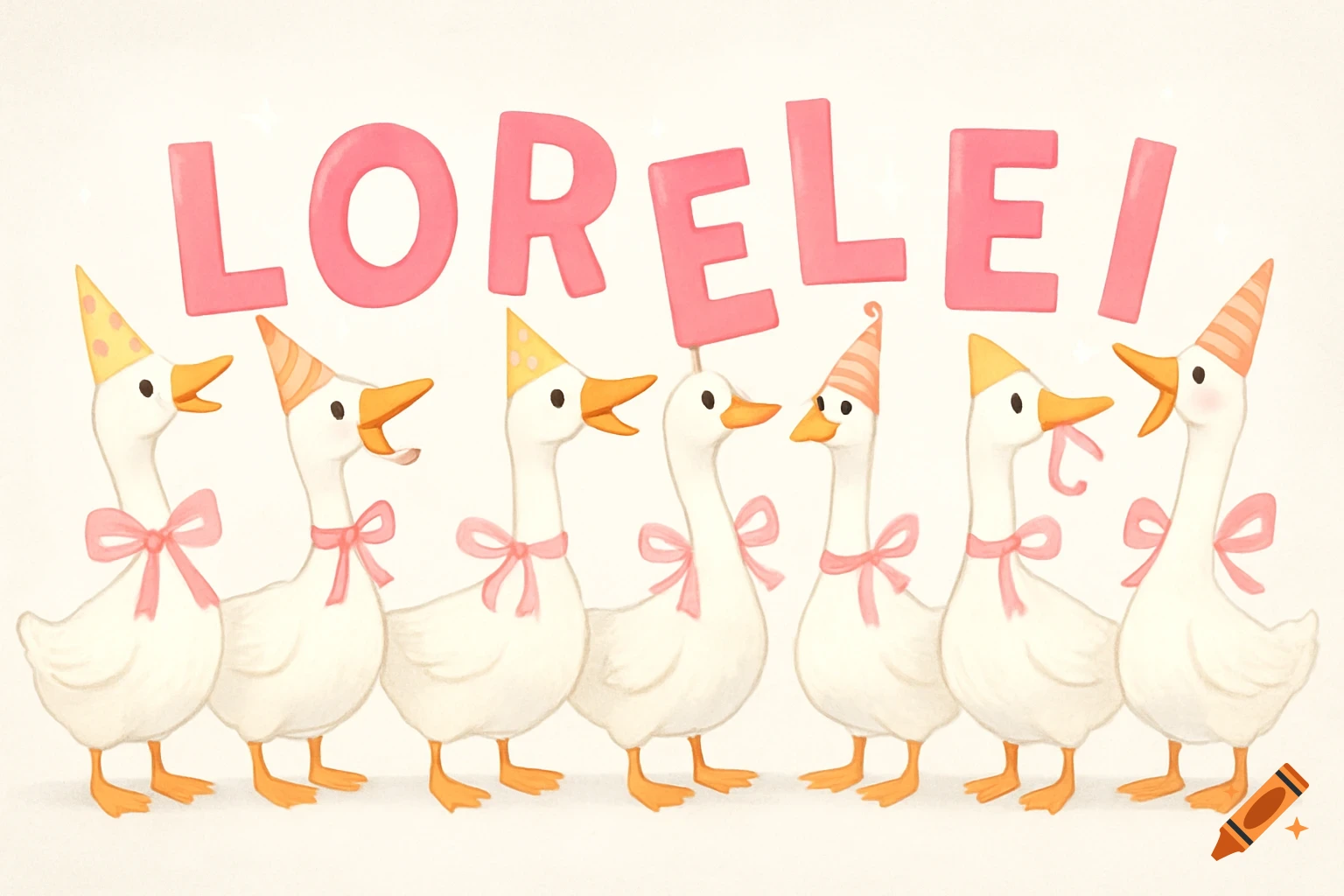 Cartoon white geese in party hats and pink ribbons, with 'LORELEI' spelled above them.
