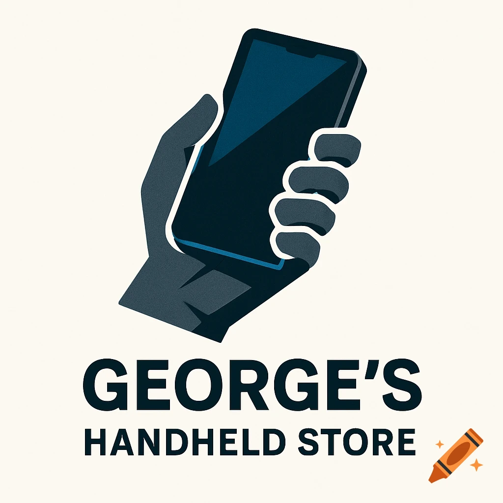 A stylized logo featuring a dark hand holding a smartphone above the text "GEORGE'S HANDHELD STORE" on a light background.