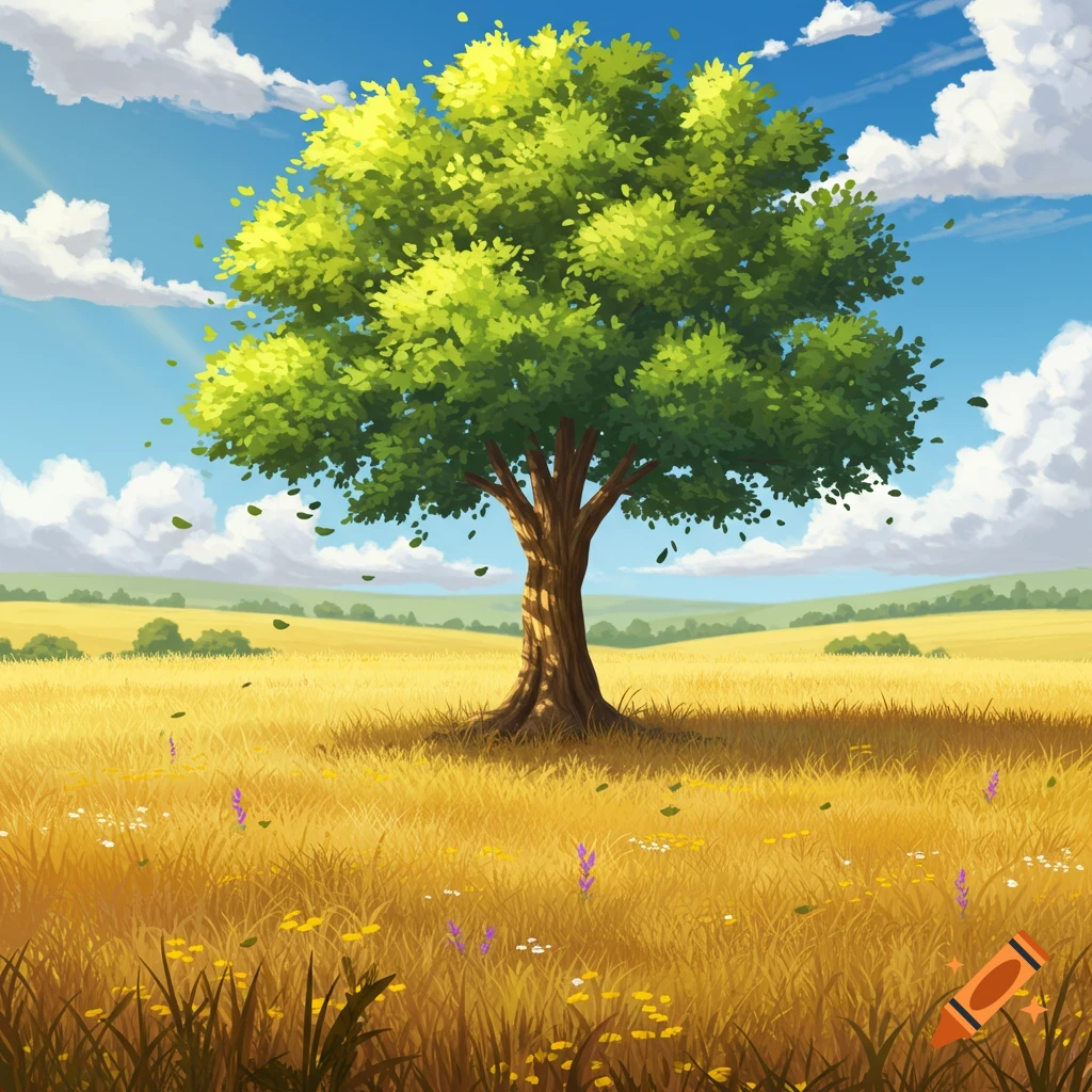 A vibrant illustration of a large green tree in a golden field with wildflowers under a bright blue sky and fluffy clouds.
