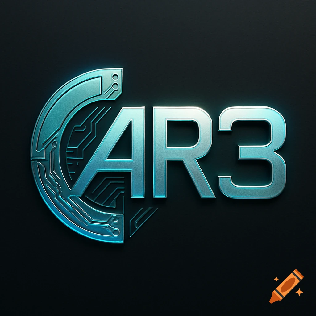 Futuristic metallic logo for AR3 with circuit board patterns on a dark background.