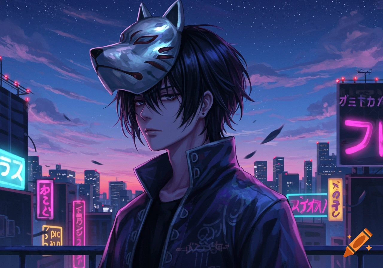 Anime style illustration of a male character with a wolf mask on his head, standing on a rooftop overlooking a neon-lit cityscape at sunset.